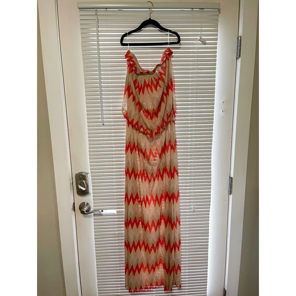 CYNTHIA ROWLEY Strapless Maxi Dress Orange Tan Chevron Drop Waist Mesh